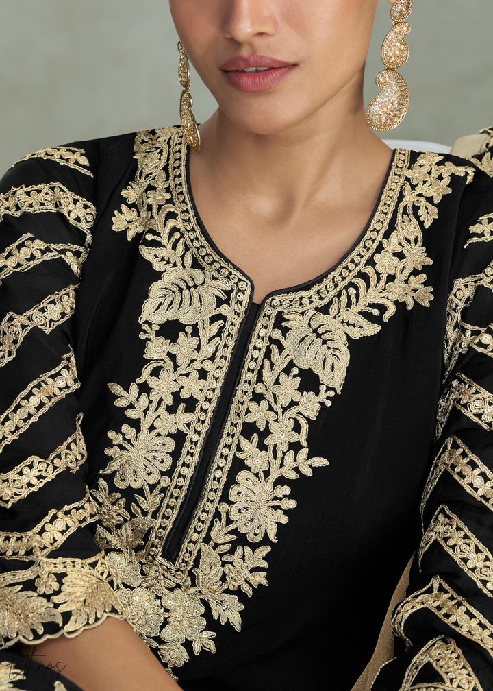 Jet Black Floral Embroidered Chinon Silk Palazzo Suit Set