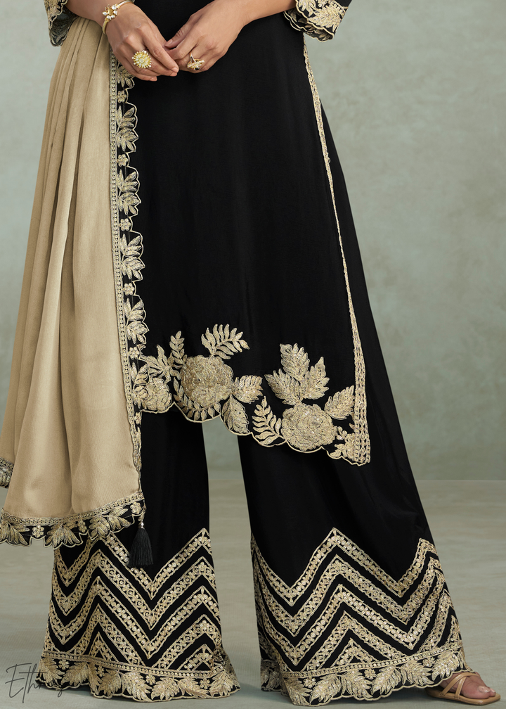 Jet Black Floral Embroidered Chinon Silk Palazzo Suit Set
