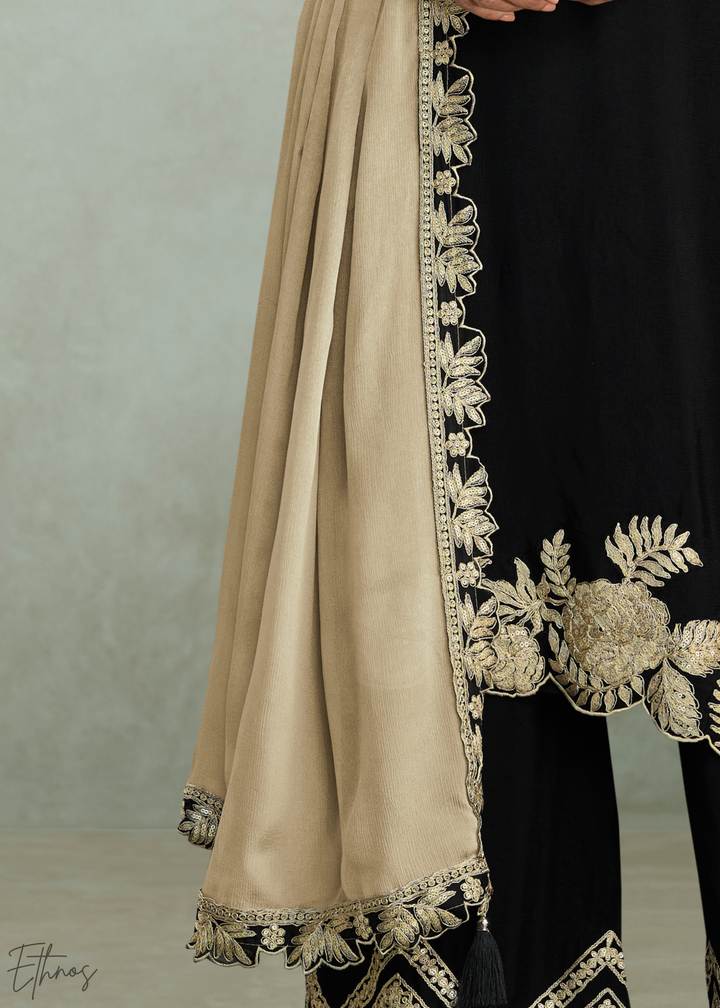 Jet Black Floral Embroidered Chinon Silk Palazzo Suit Set