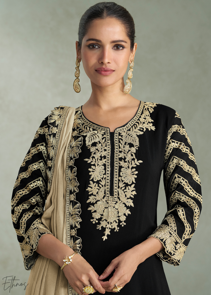 Jet Black Floral Embroidered Chinon Silk Palazzo Suit Set