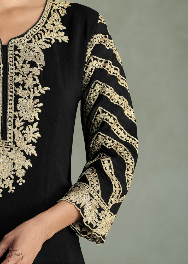 Jet Black Floral Embroidered Chinon Silk Palazzo Suit Set