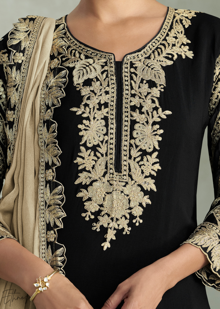 Jet Black Floral Embroidered Chinon Silk Palazzo Suit Set