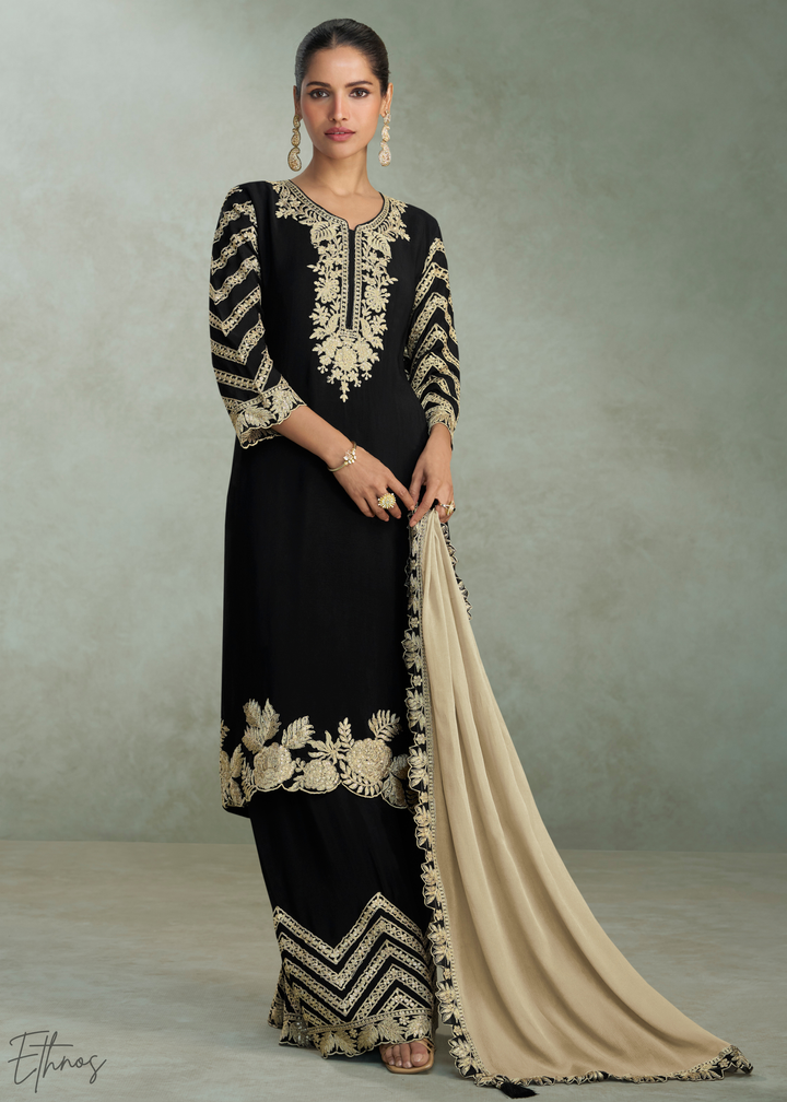 Jet Black Floral Embroidered Chinon Silk Palazzo Suit Set