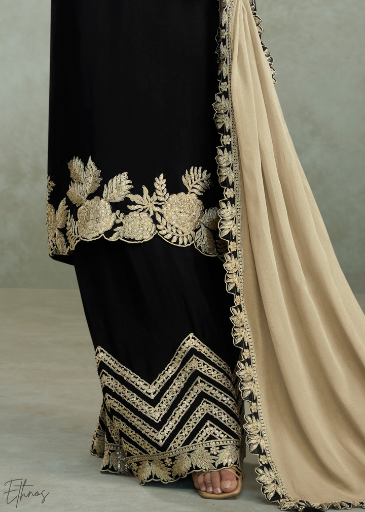 Jet Black Floral Embroidered Chinon Silk Palazzo Suit Set