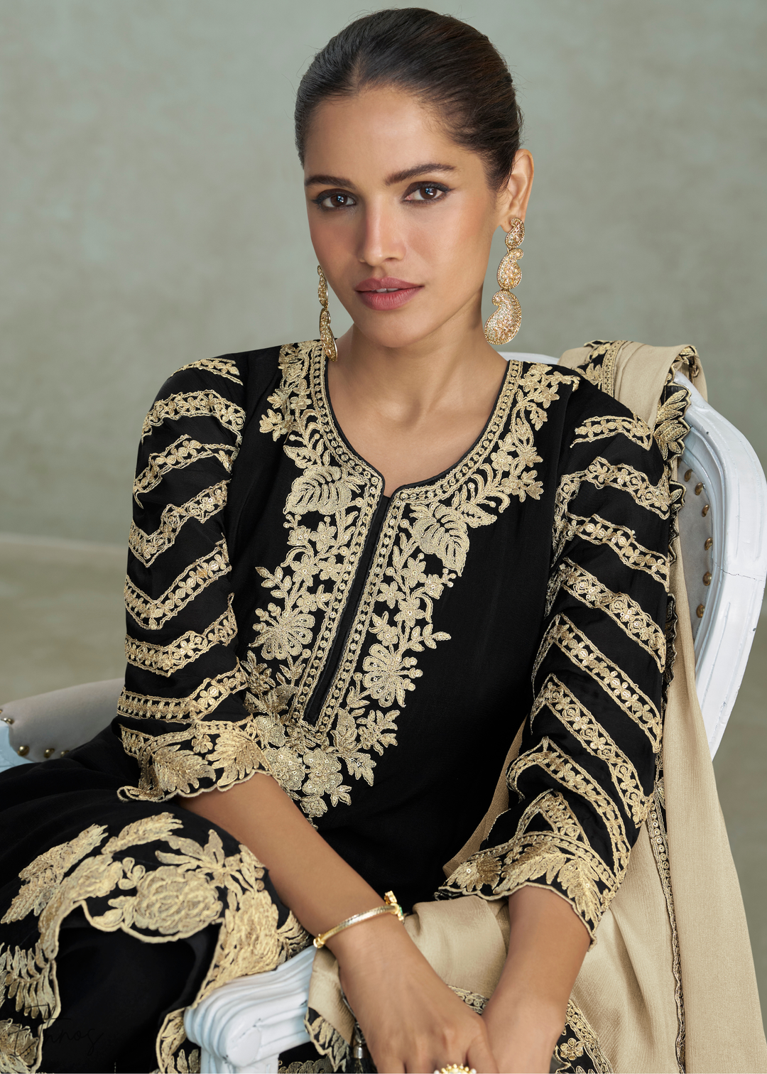 Jet Black Floral Embroidered Chinon Silk Palazzo Suit Set