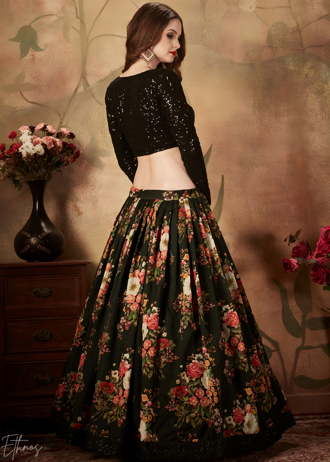 Jet Black Garden Floral Printed Organza Lehenga