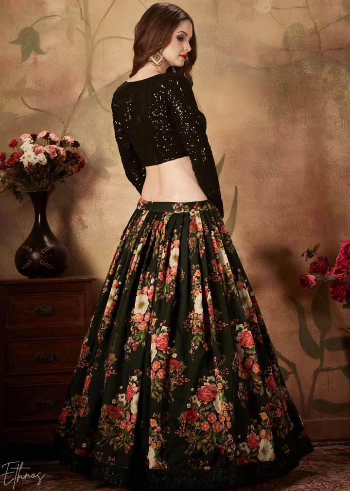 Jet Black Garden Floral Printed Organza Lehenga