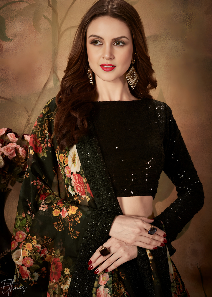 Jet Black Garden Floral Printed Organza Lehenga
