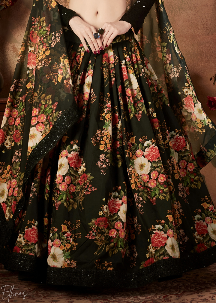 Jet Black Garden Floral Printed Organza Lehenga
