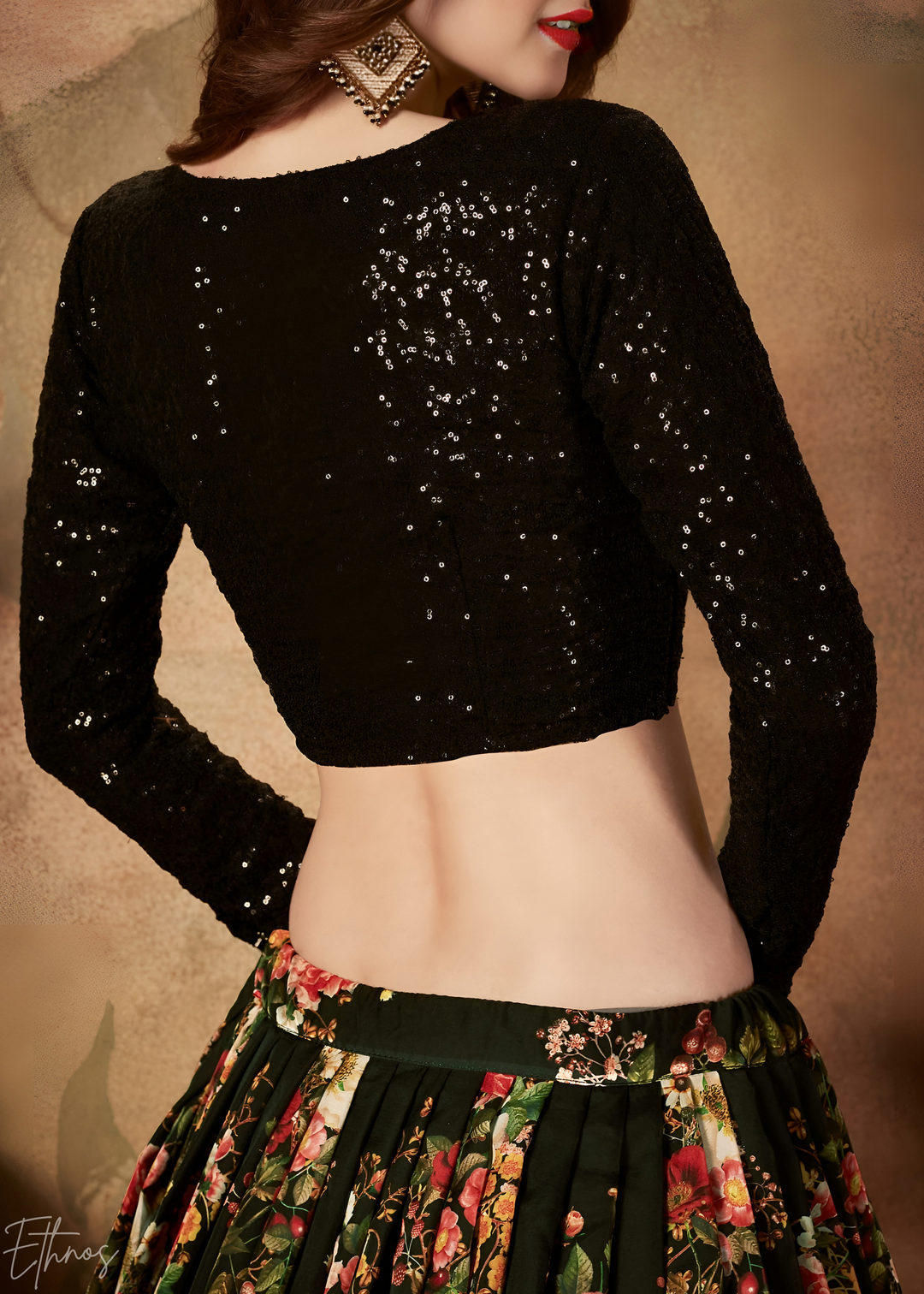 Jet Black Garden Floral Printed Organza Lehenga