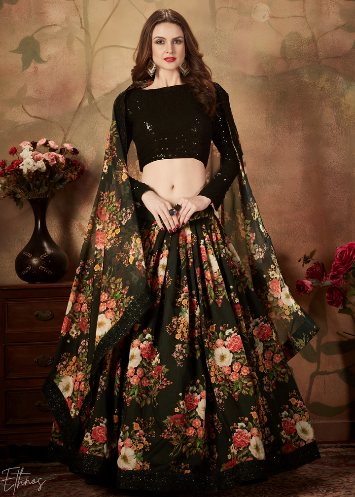 Jet Black Garden Floral Printed Organza Lehenga