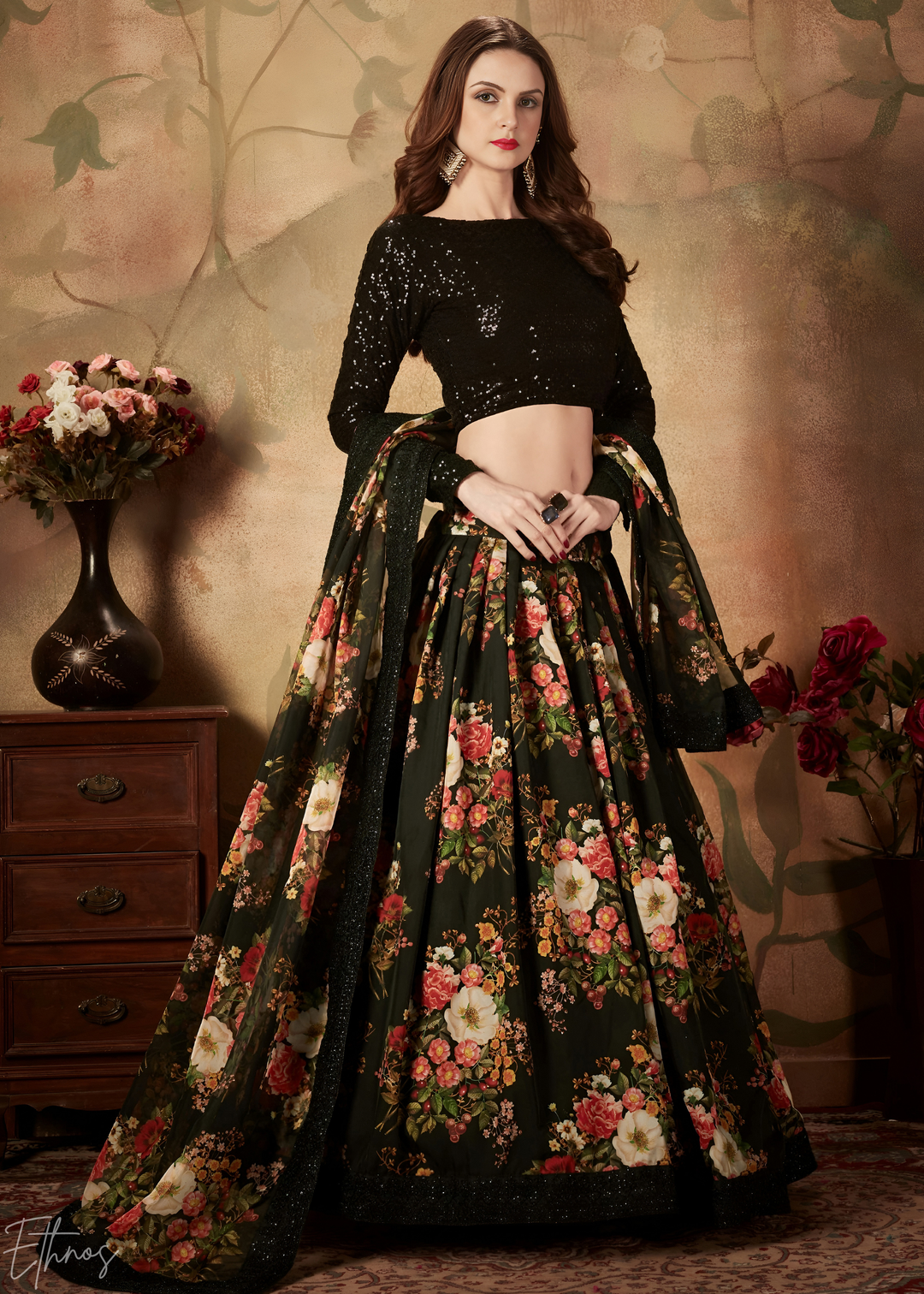 Jet Black Garden Floral Printed Organza Lehenga