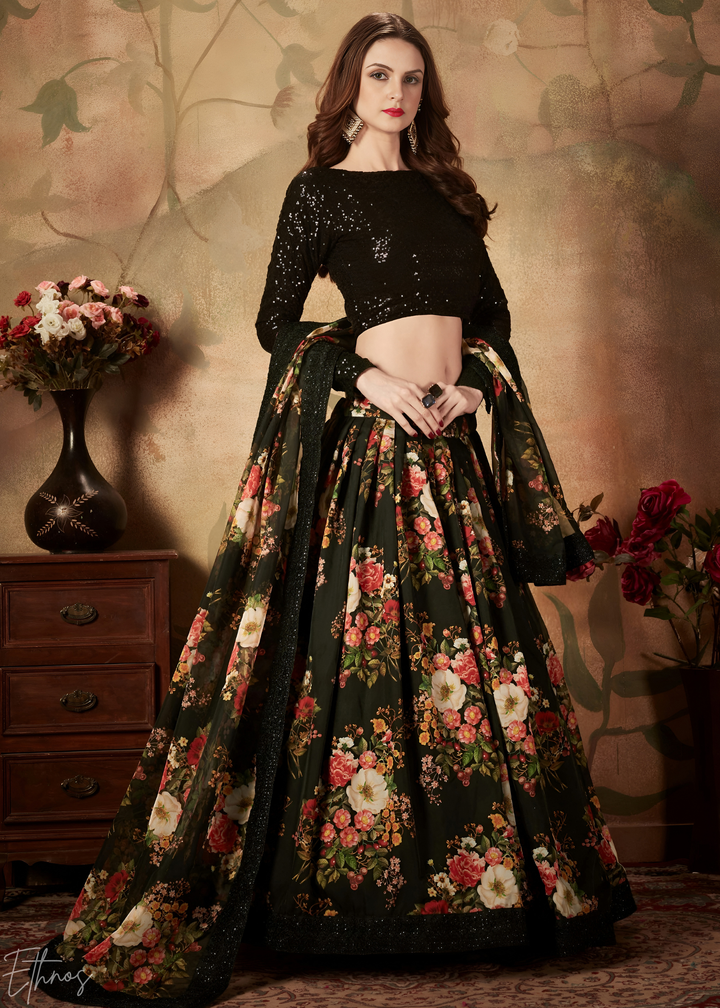 Jet Black Garden Floral Printed Organza Lehenga