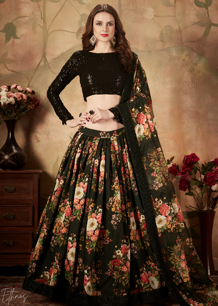 Jet Black Garden Floral Printed Organza Lehenga