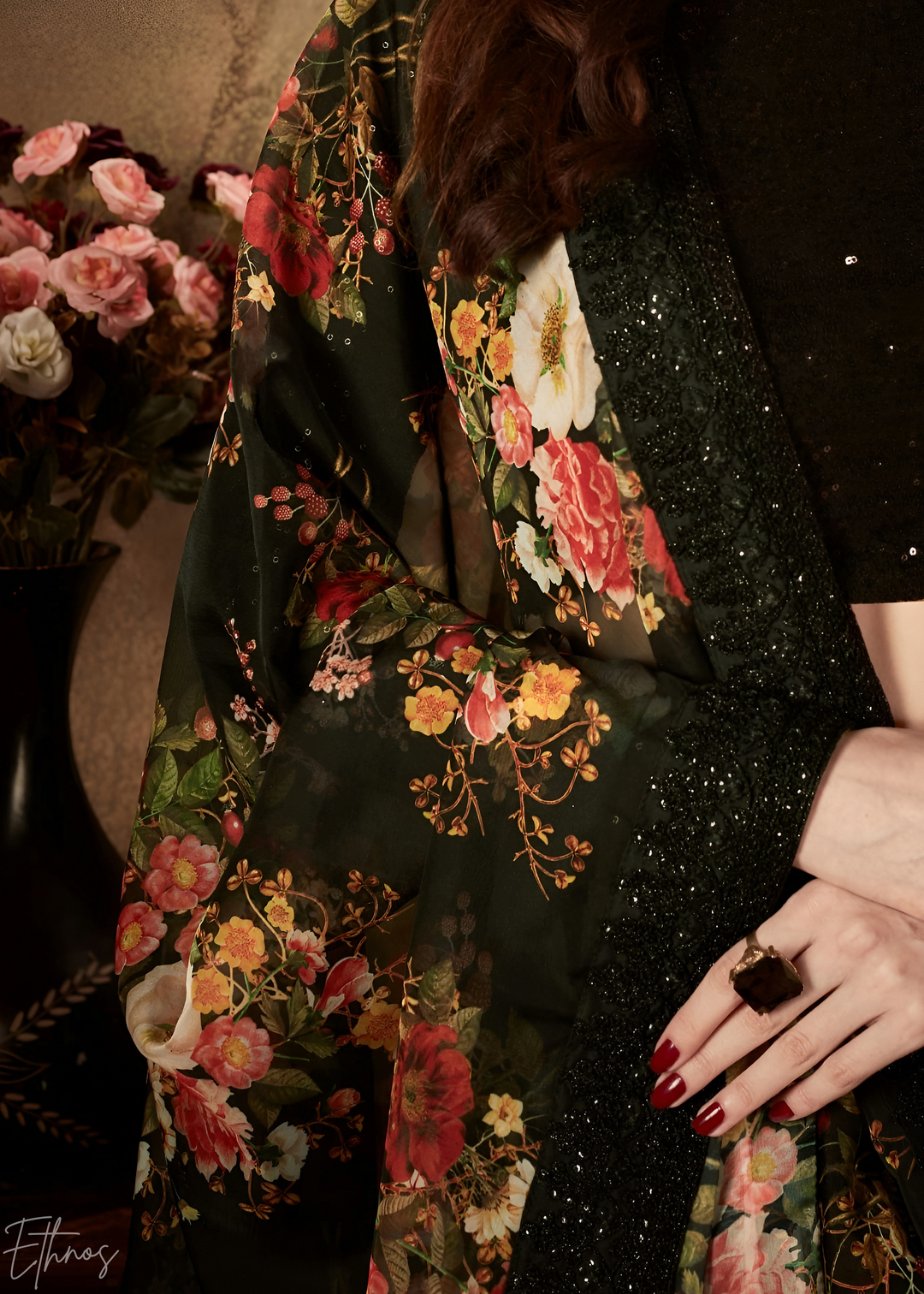 Jet Black Garden Floral Printed Organza Lehenga