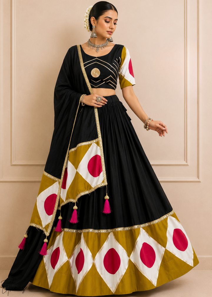 Jet Black Geometric Patchwork Cotton Silk Lehenga Choli