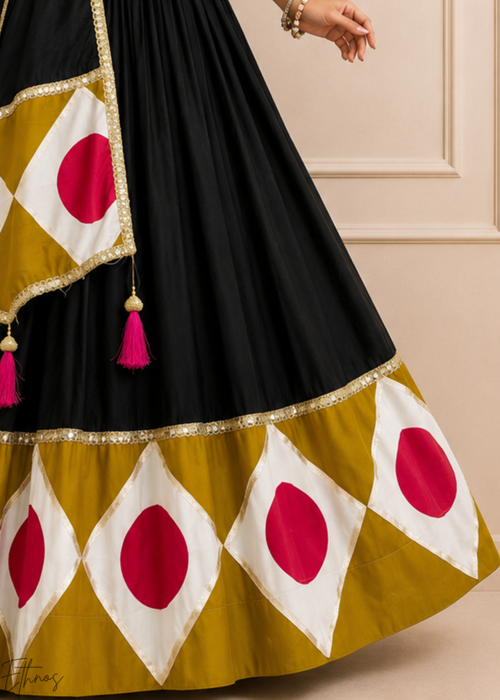 Jet Black Geometric Patchwork Cotton Silk Lehenga Choli