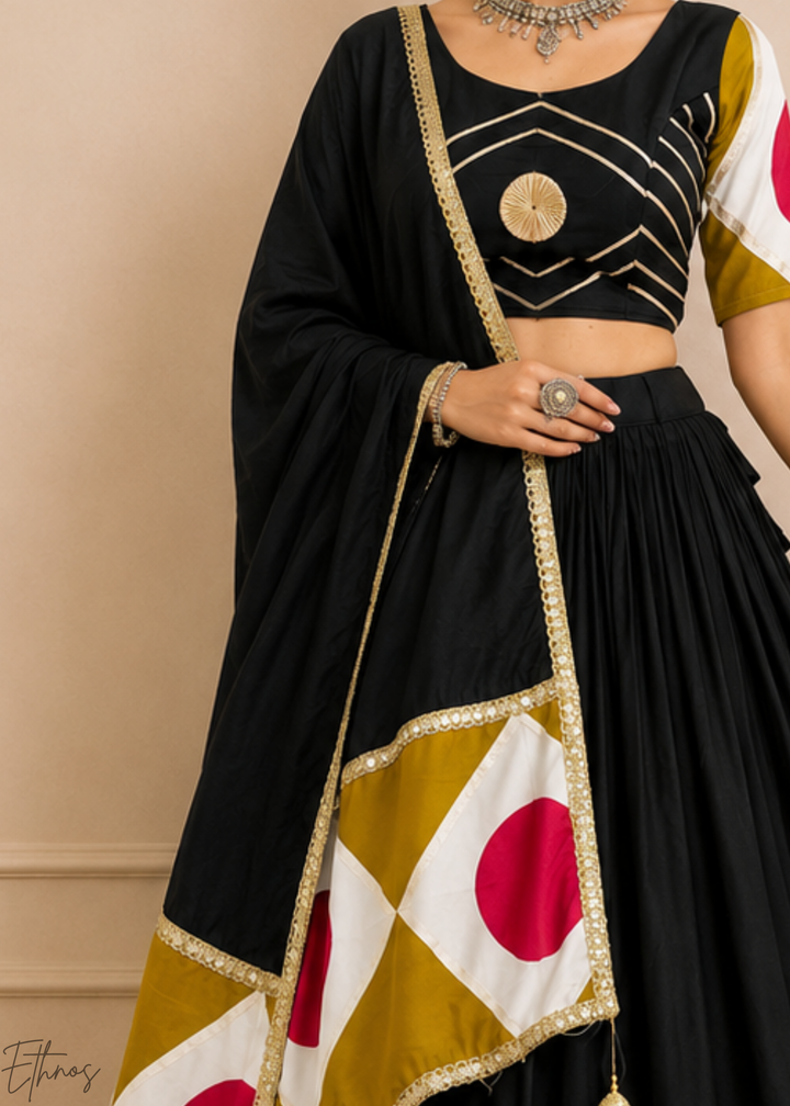 Jet Black Geometric Patchwork Cotton Silk Lehenga Choli