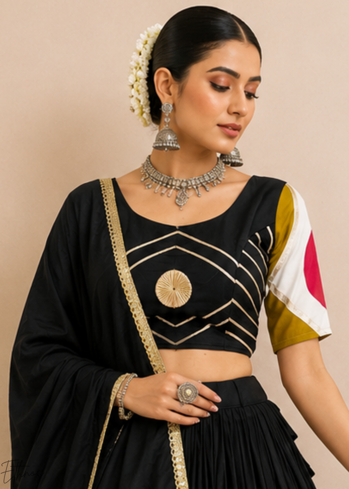 Jet Black Geometric Patchwork Cotton Silk Lehenga Choli