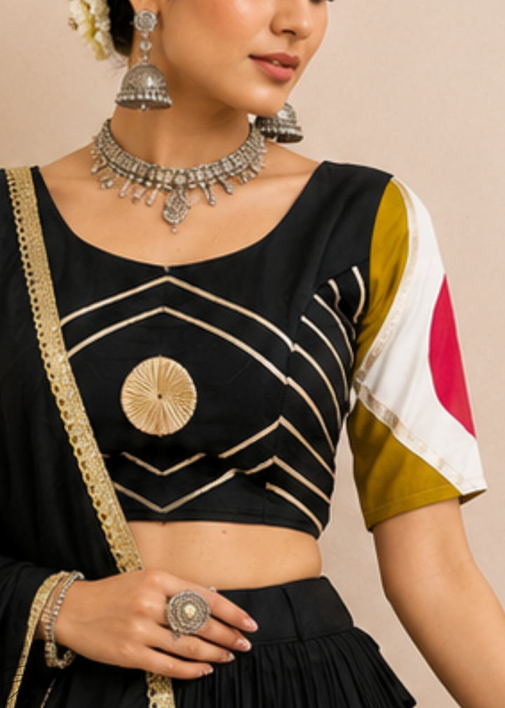 Jet Black Geometric Patchwork Cotton Silk Lehenga Choli