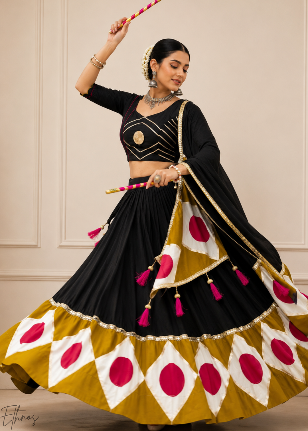 Jet Black Geometric Patchwork Cotton Silk Lehenga Choli