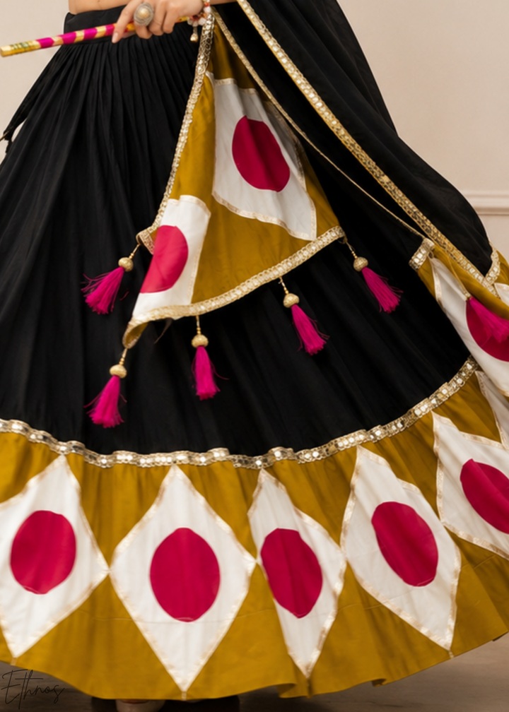 Jet Black Geometric Patchwork Cotton Silk Lehenga Choli