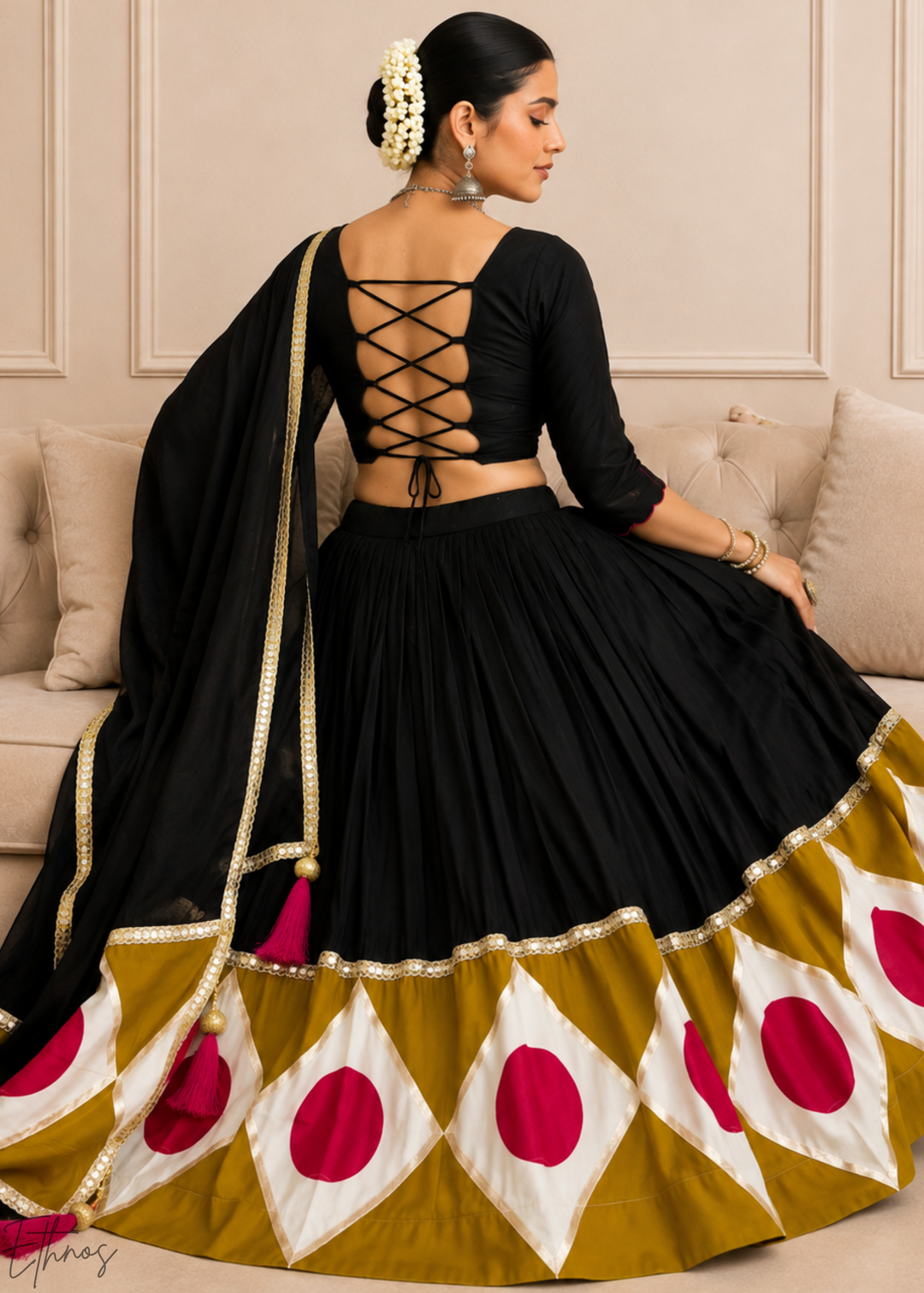 Jet Black Geometric Patchwork Cotton Silk Lehenga Choli