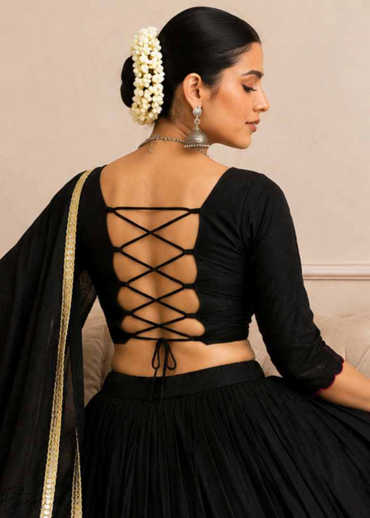 Jet Black Geometric Patchwork Cotton Silk Lehenga Choli