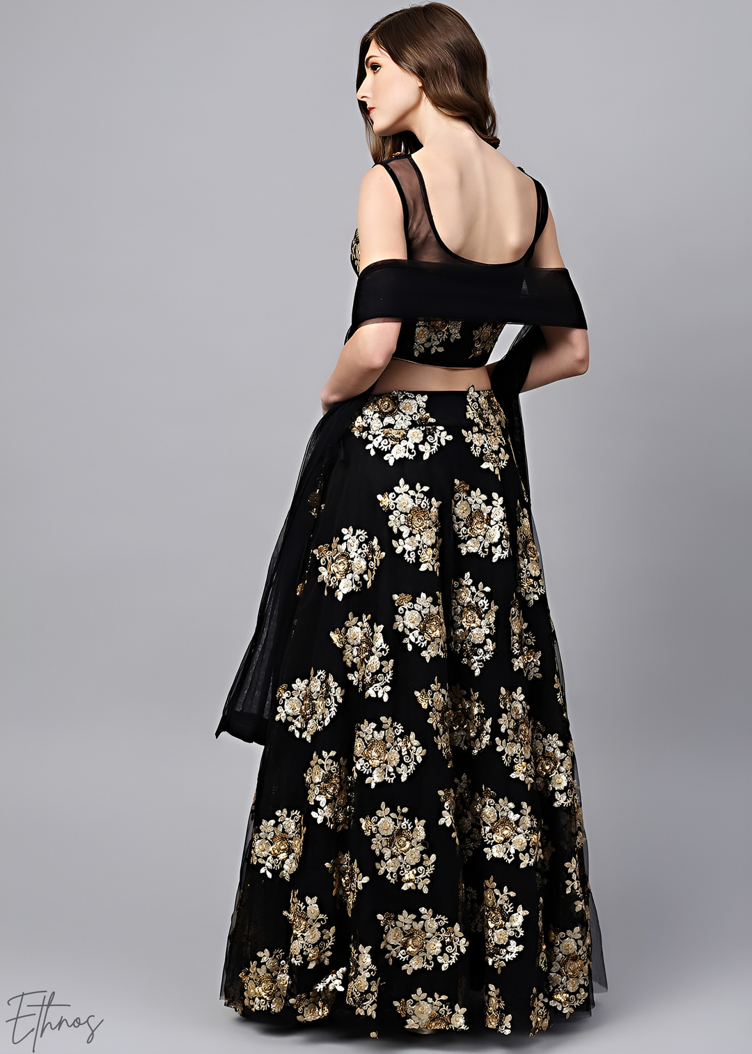 Jet Black Gold Floral Embroidered Net Lehenga