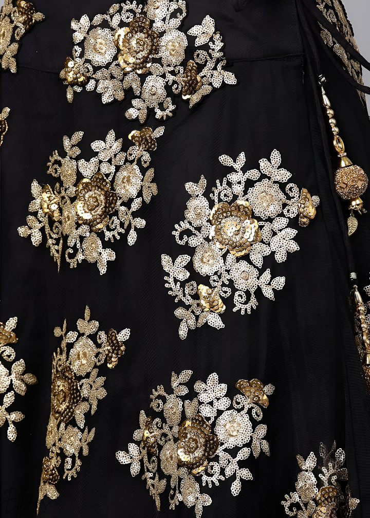 Jet Black Gold Floral Embroidered Net Lehenga