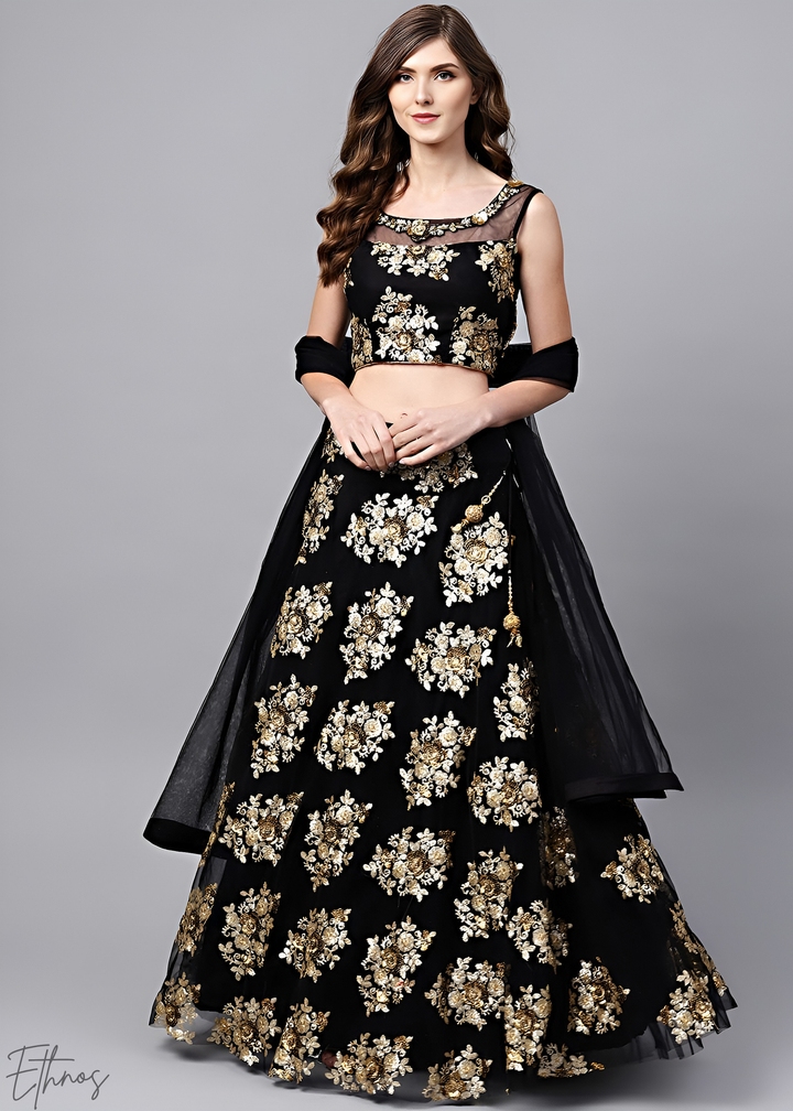 Jet Black Gold Floral Embroidered Net Lehenga