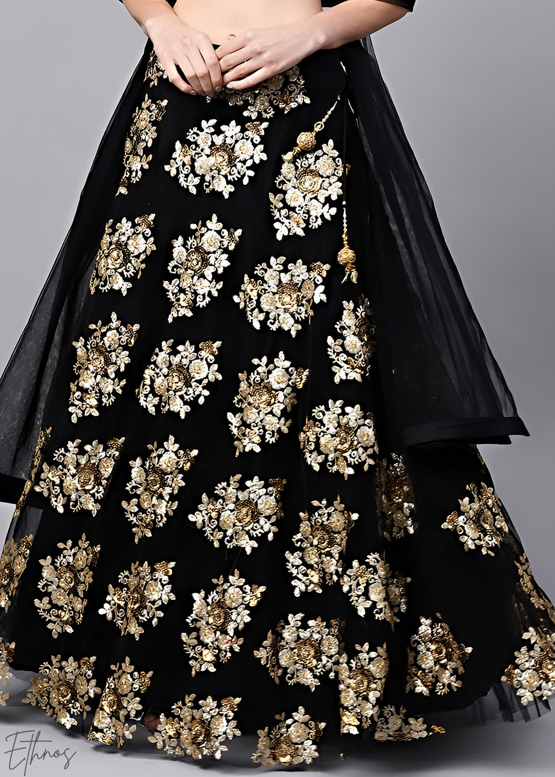 Jet Black Gold Floral Embroidered Net Lehenga