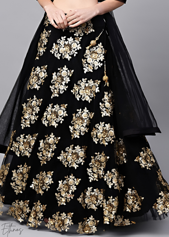 Jet Black Gold Floral Embroidered Net Lehenga