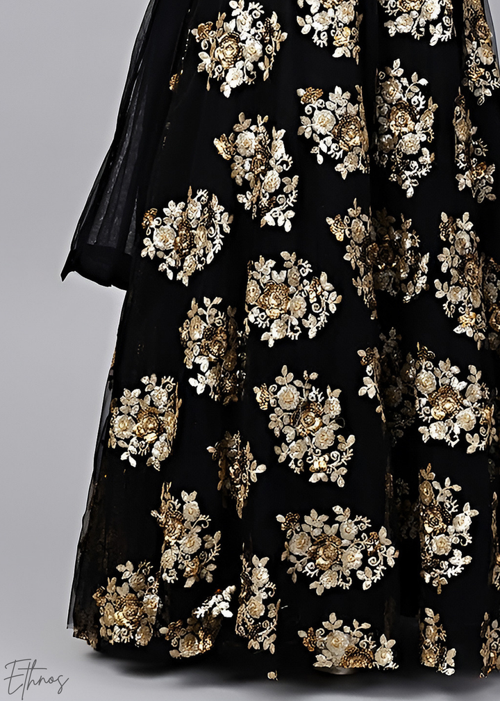 Jet Black Gold Floral Embroidered Net Lehenga