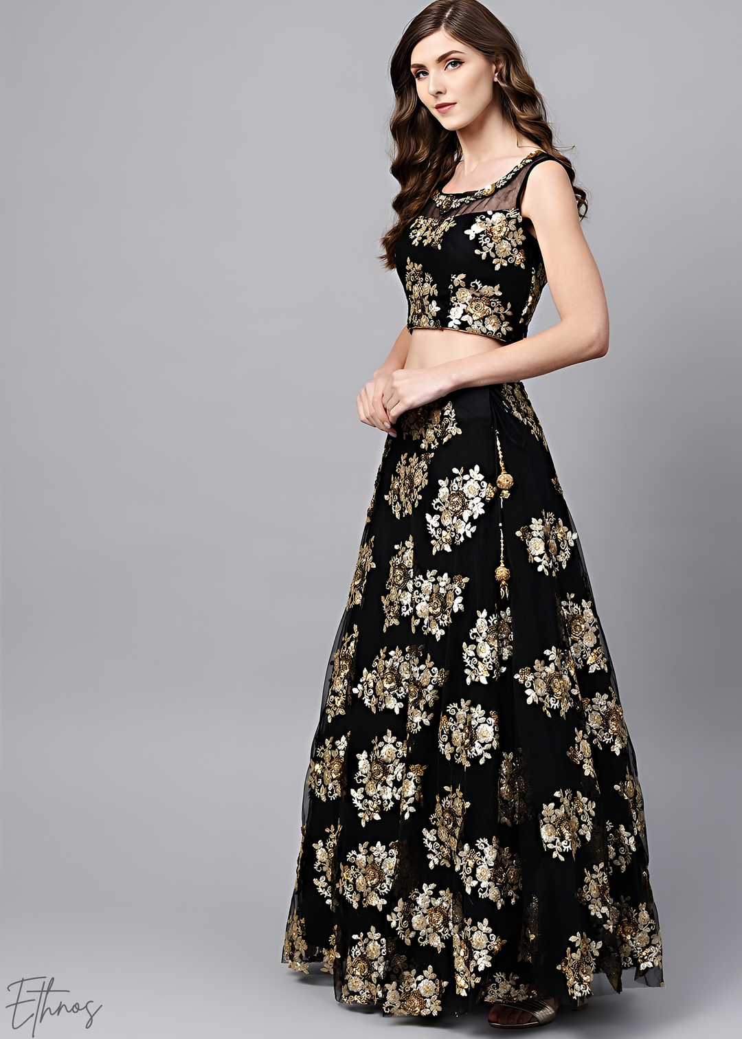 Jet Black Gold Floral Embroidered Net Lehenga