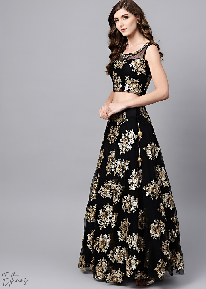 Jet Black Gold Floral Embroidered Net Lehenga