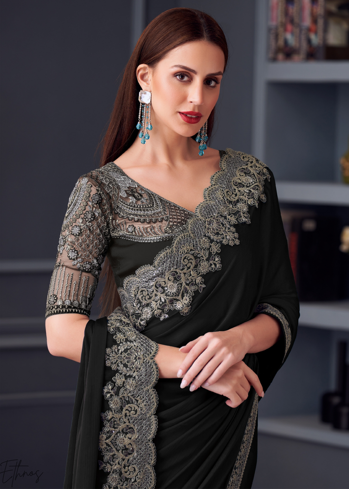 Jet Black Heavy Border Embroidered Opium Silk Chiffon Saree
