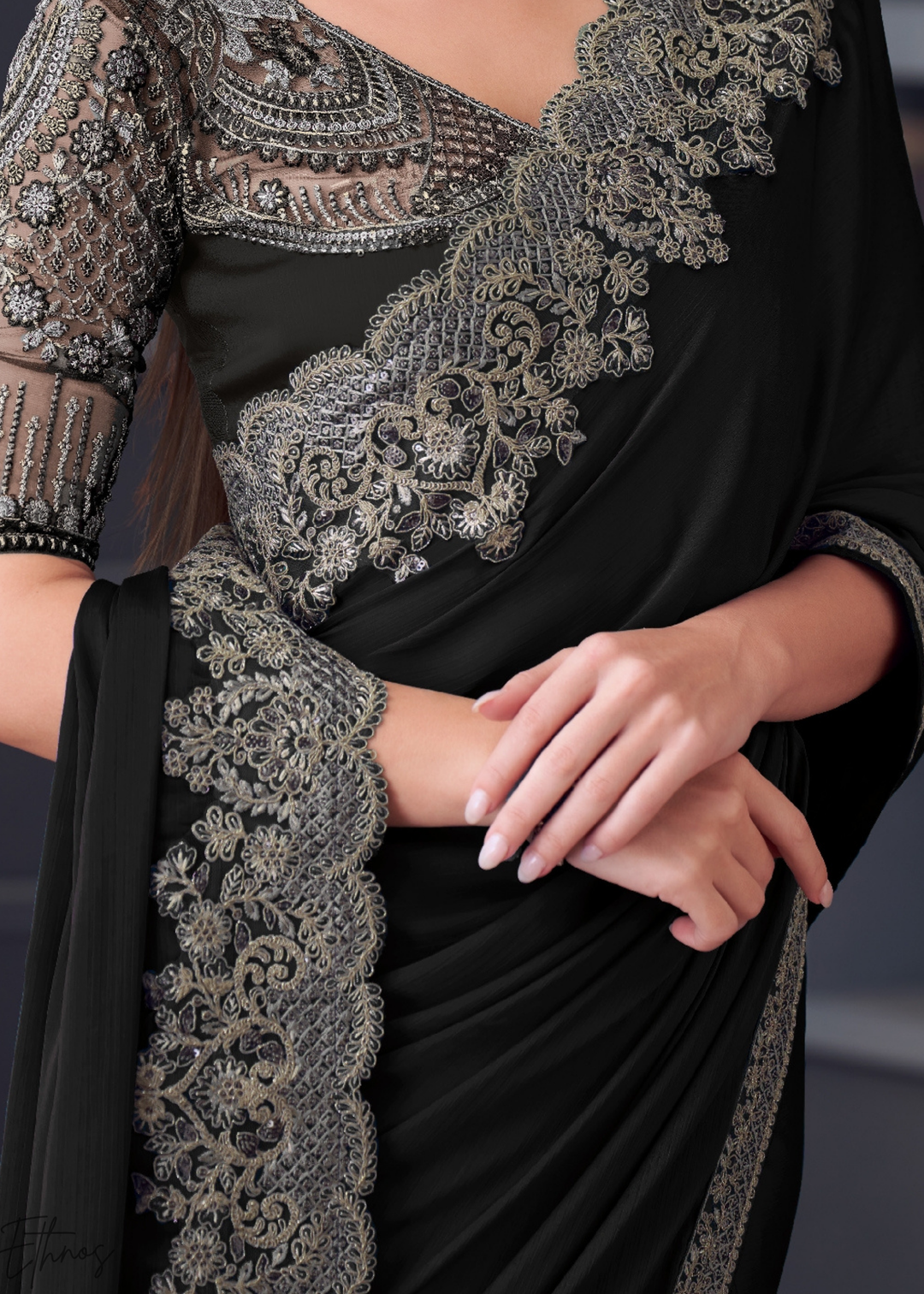 Jet Black Heavy Border Embroidered Opium Silk Chiffon Saree