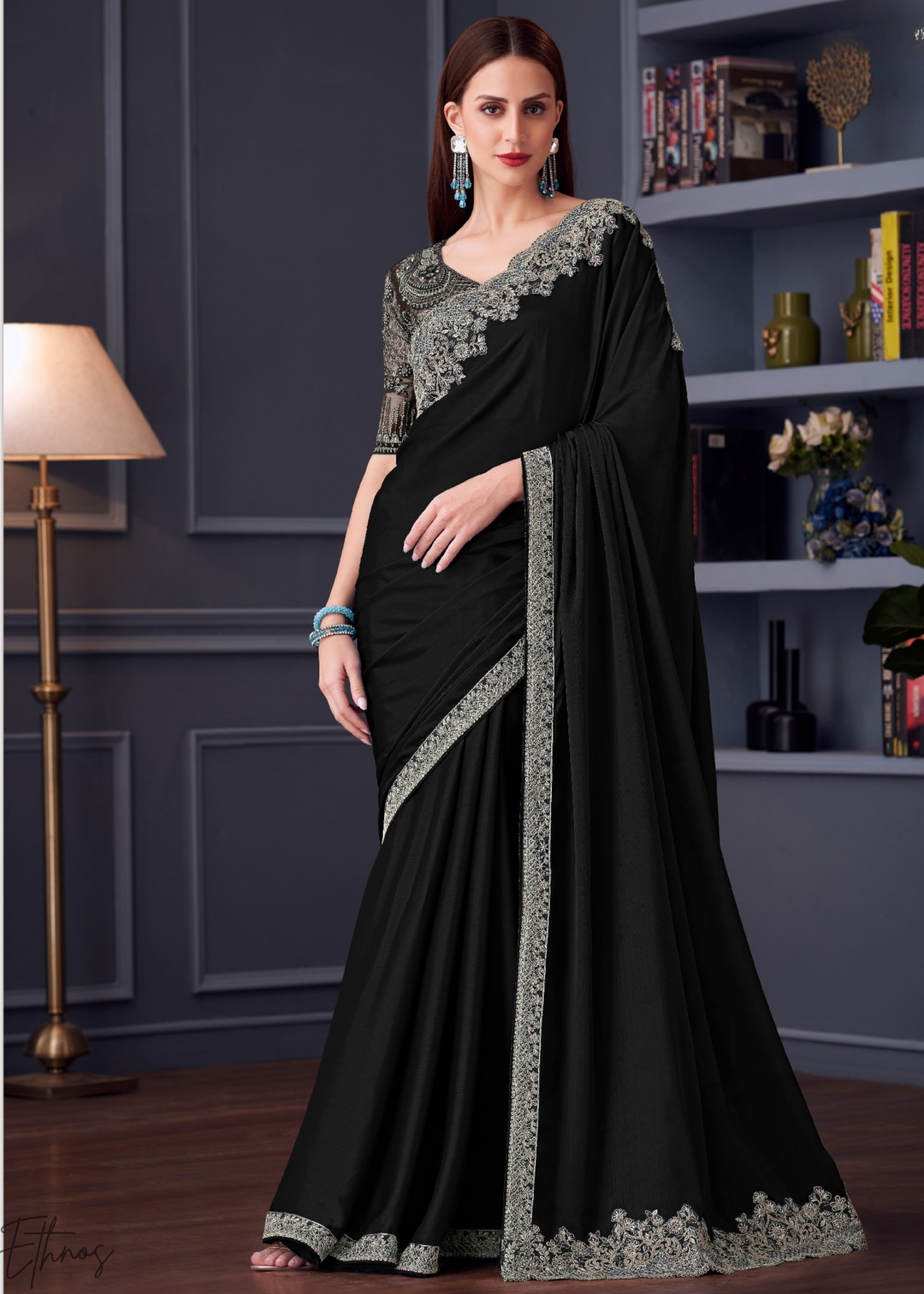 Jet Black Heavy Border Embroidered Opium Silk Chiffon Saree