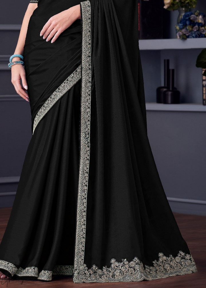 Jet Black Heavy Border Embroidered Opium Silk Chiffon Saree