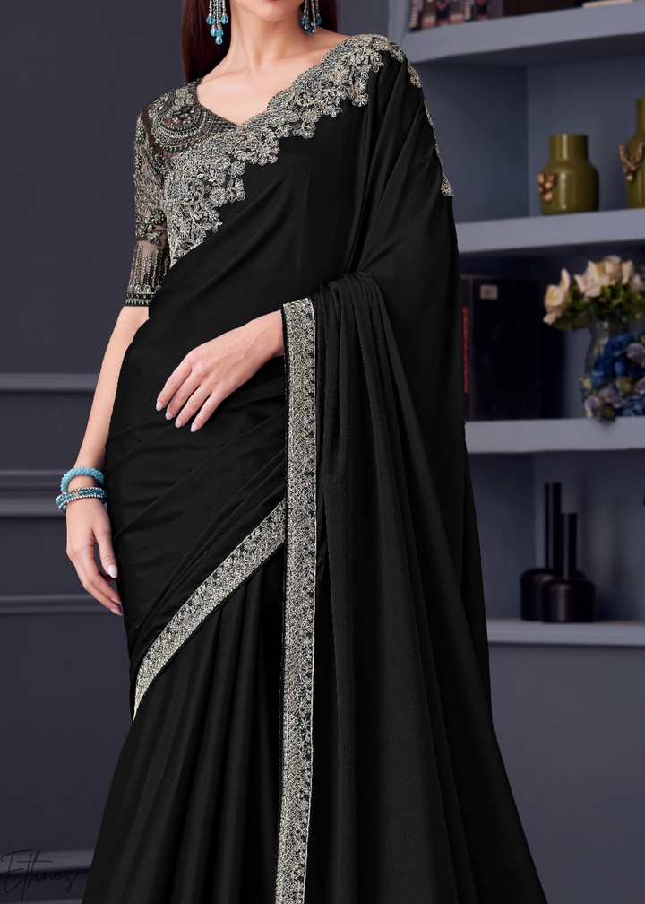 Jet Black Heavy Border Embroidered Opium Silk Chiffon Saree
