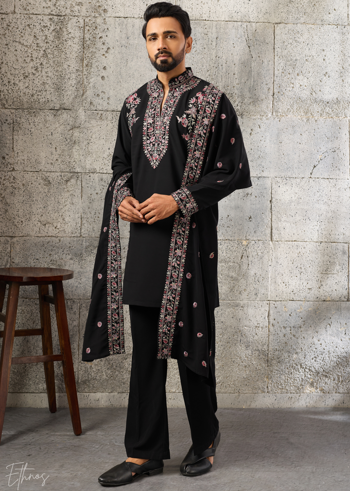 Jet Black Heritage-Embroidered Silk Kurta Traditional Scarf Set