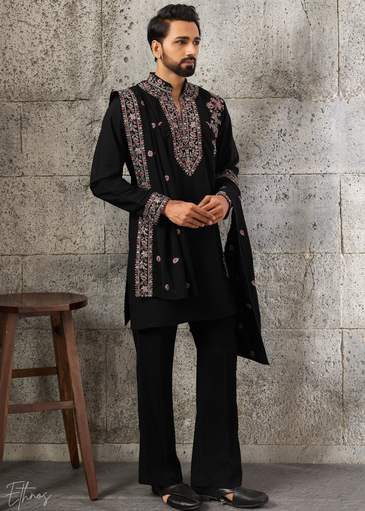 Jet Black Heritage-Embroidered Silk Kurta Traditional Scarf Set