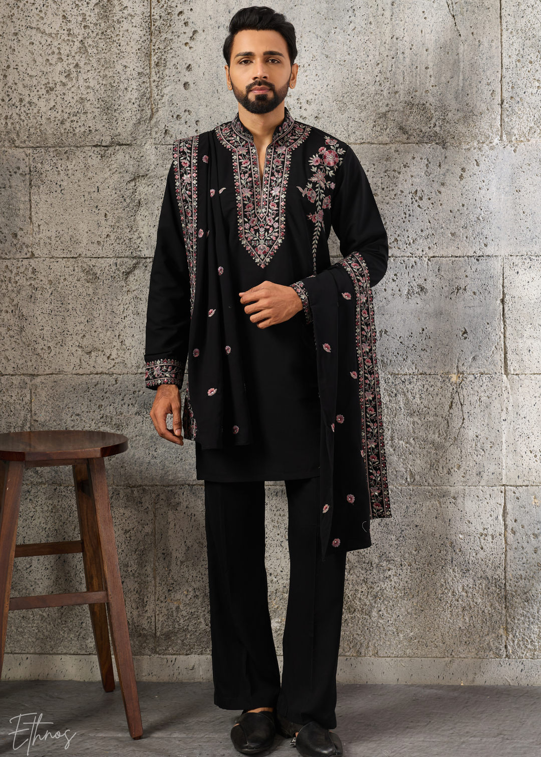Jet Black Heritage-Embroidered Silk Kurta Traditional Scarf Set