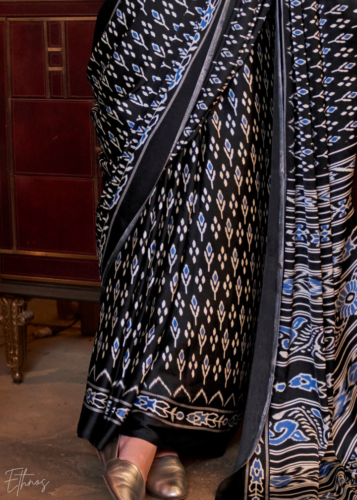 Jet Black Ikat Patola Crepe Silk Saree