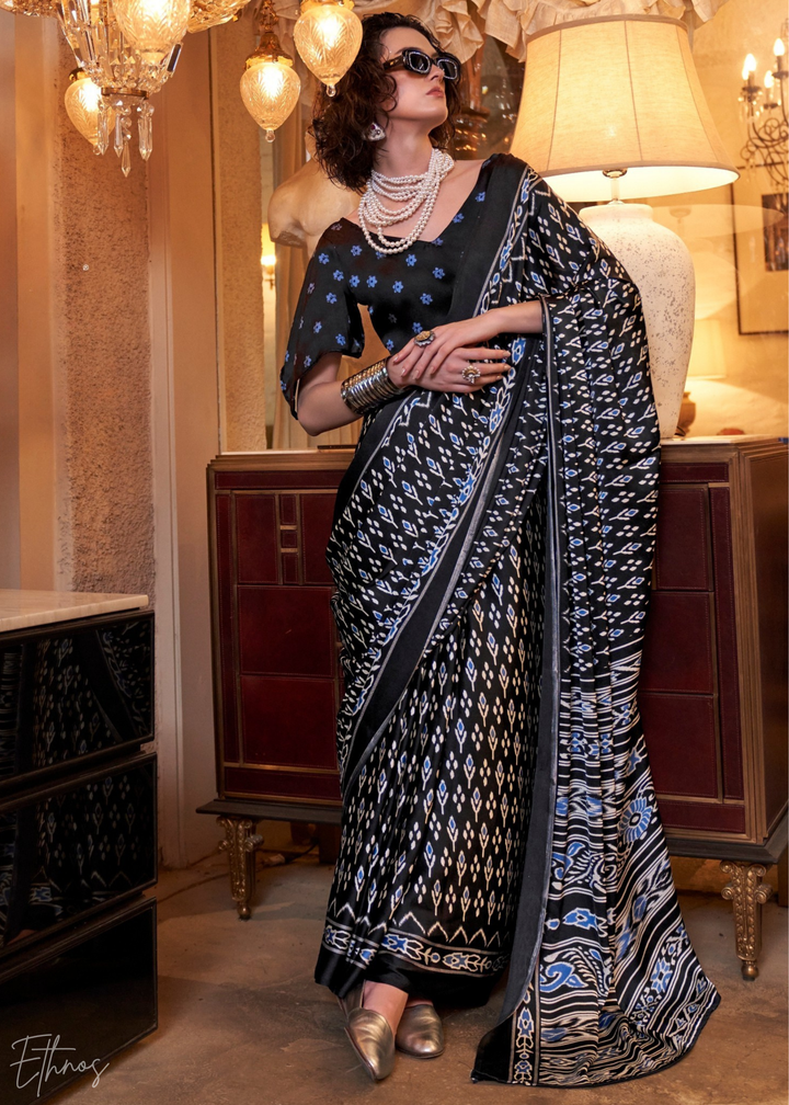 Jet Black Ikat Patola Crepe Silk Saree