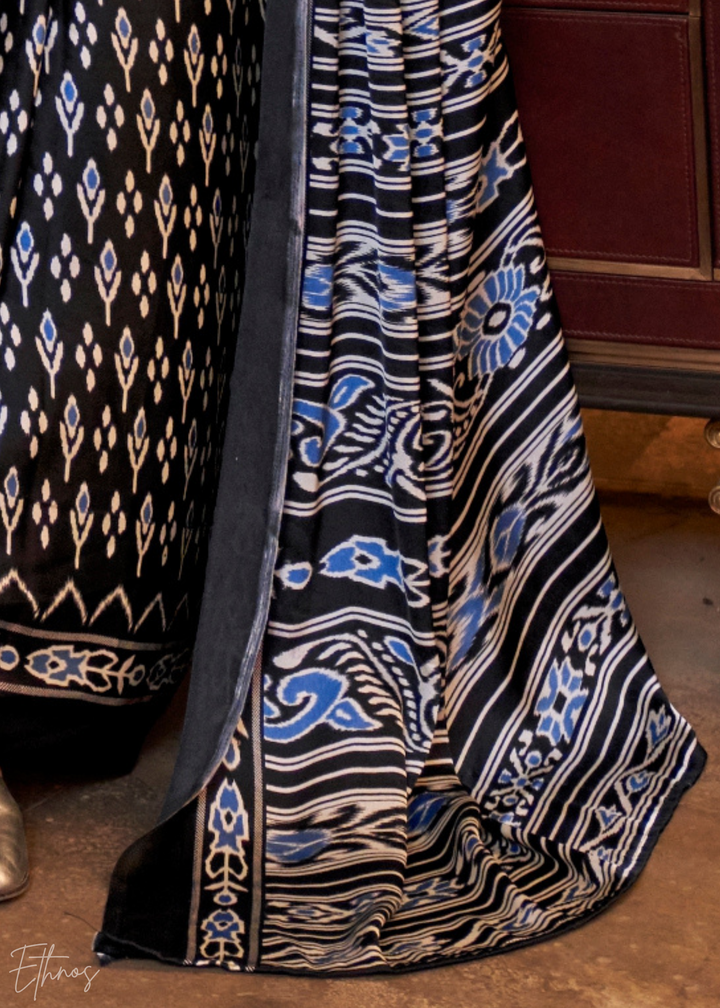 Jet Black Ikat Patola Crepe Silk Saree