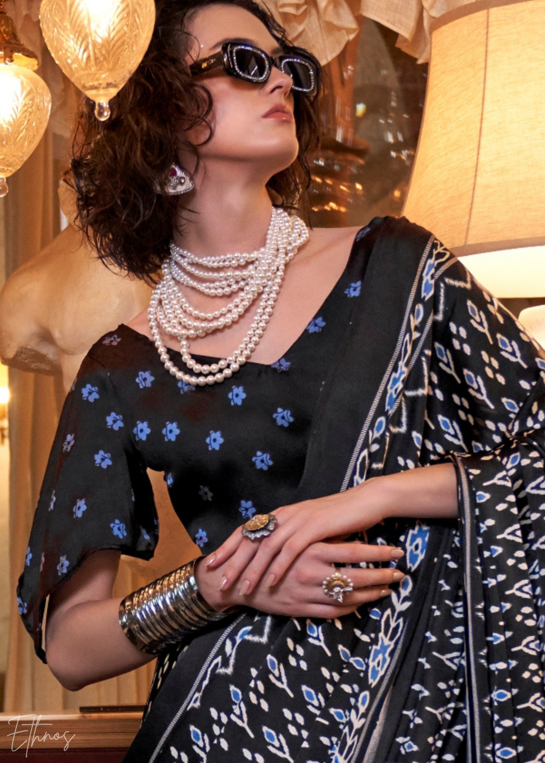 Jet Black Ikat Patola Crepe Silk Saree