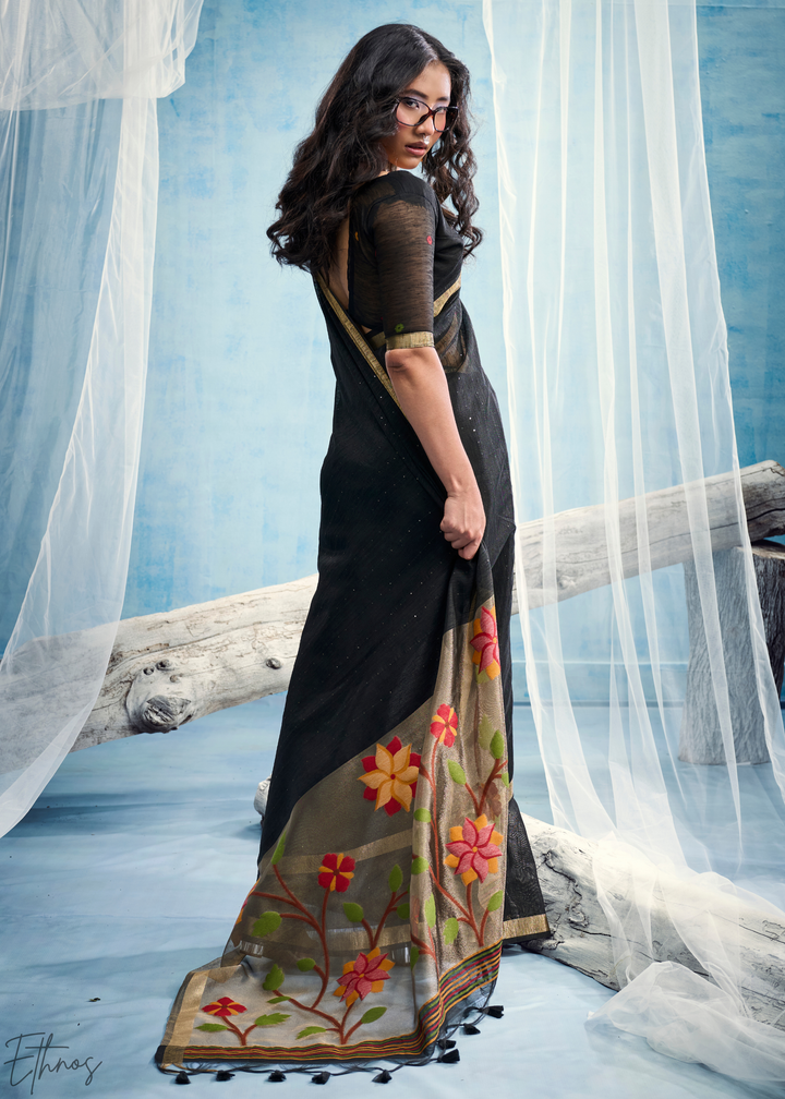 Jet Black Jardin Woven Munga Silk Saree