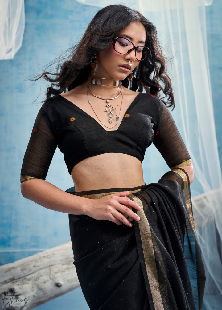 Jet Black Jardin Woven Munga Silk Saree